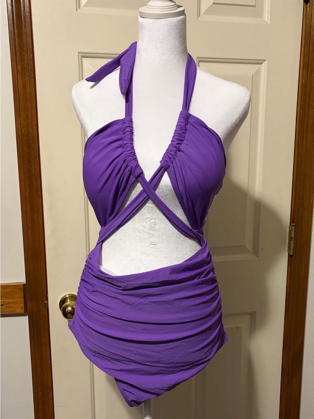 NWOT Purple Ruched Cut-Out Halter One Piece Swimsuit High-Waisted Lined Size L